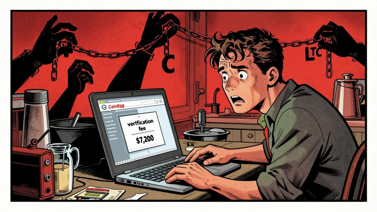 A panicked trader faces a fake CoinEgg site demanding a withdrawal fee, shadowy hands stealing crypto from behind.