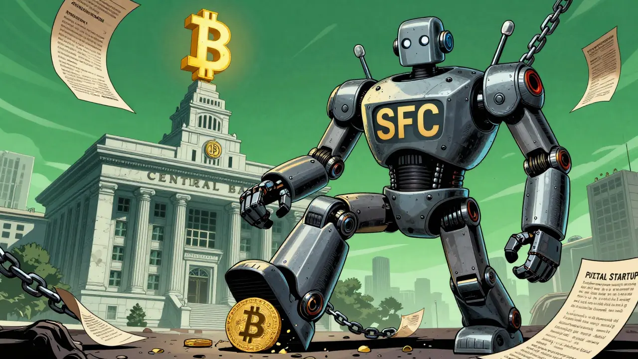 A regulatory robot crushes a crypto startup while a central bank tower rises in the background.