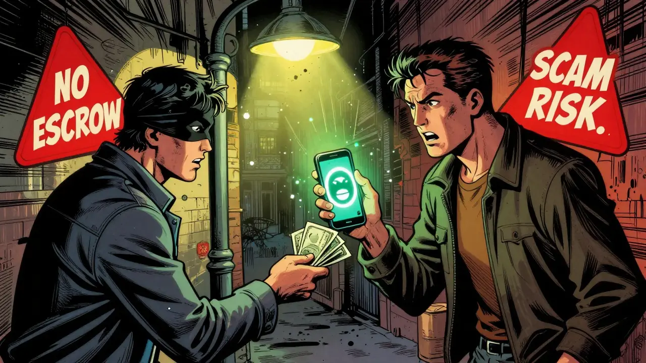 A tense peer-to-peer crypto trade in a dark alley with cash exchange and warning signs in vintage comic art.