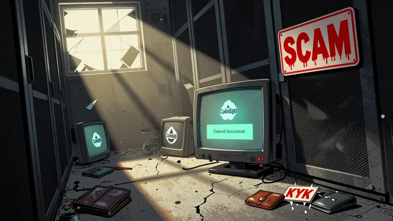 An abandoned server room with flickering scam screens and a bloody 'SCAM' sign, dust and broken tech everywhere.