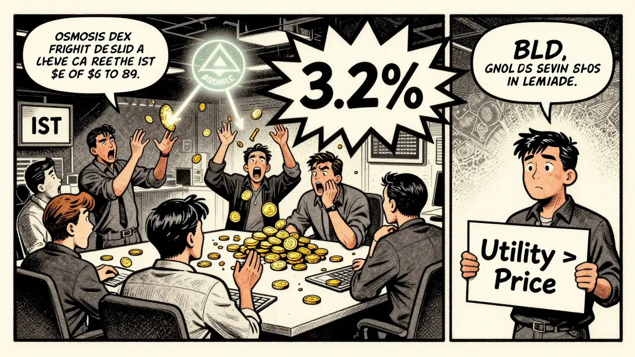 Chaotic DEX scene with IST price crashing, slippage explosion, and calm staker holding 'Utility > Price' sign.