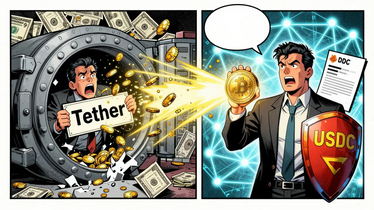 Comic-style bank vault explosion with Tether crumbling and USDC shining as a shield.