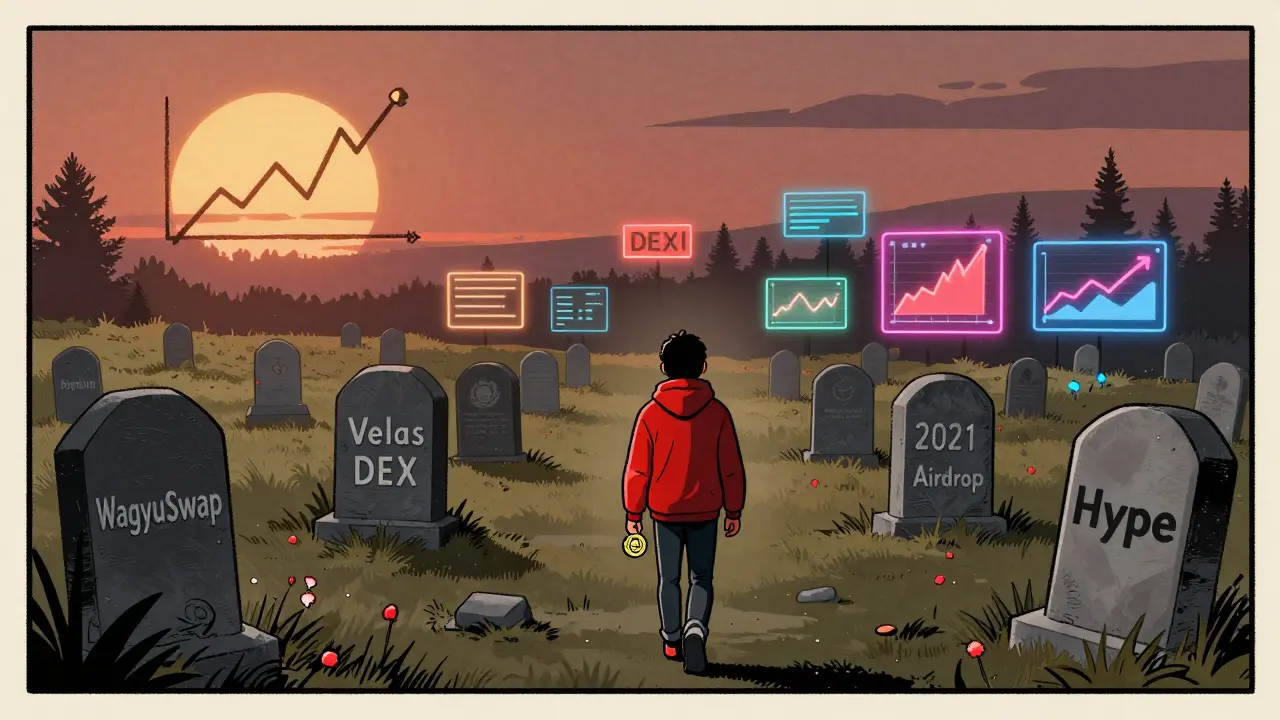 Crypto graveyard with tombstones for failed projects as a lone figure walks toward active DEXs in distance