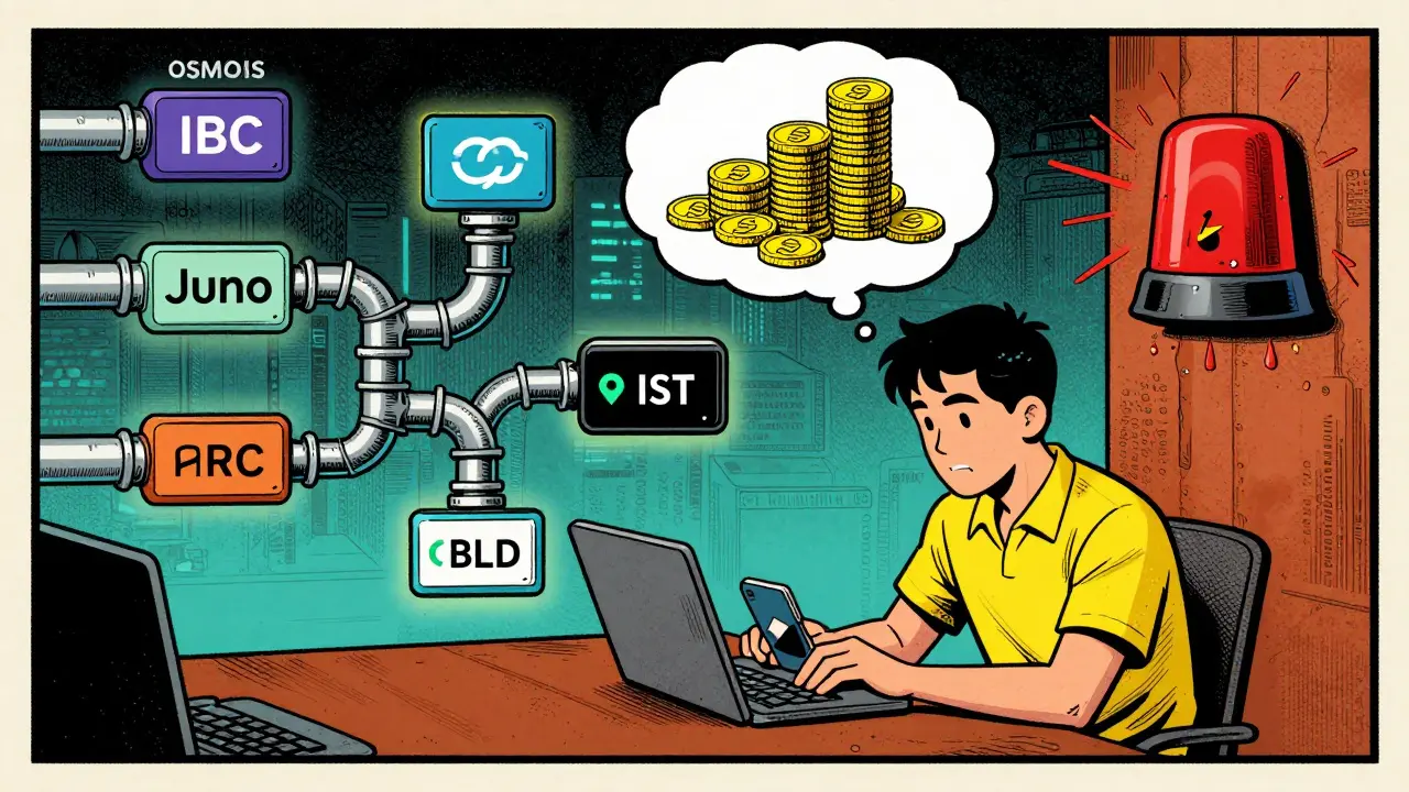 Developer minting IST via BLD staking in a Cosmos hub with IBC connections and liquidation alarm.