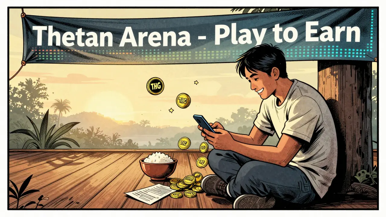 Filipino player earning THC coins at dawn, with THG tokens floating above as he counts in-game rewards.