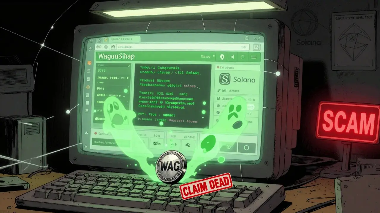 Ghostly abandoned WagyuSwap website with a single WAG token and 'SCAM' warning on dusty monitor
