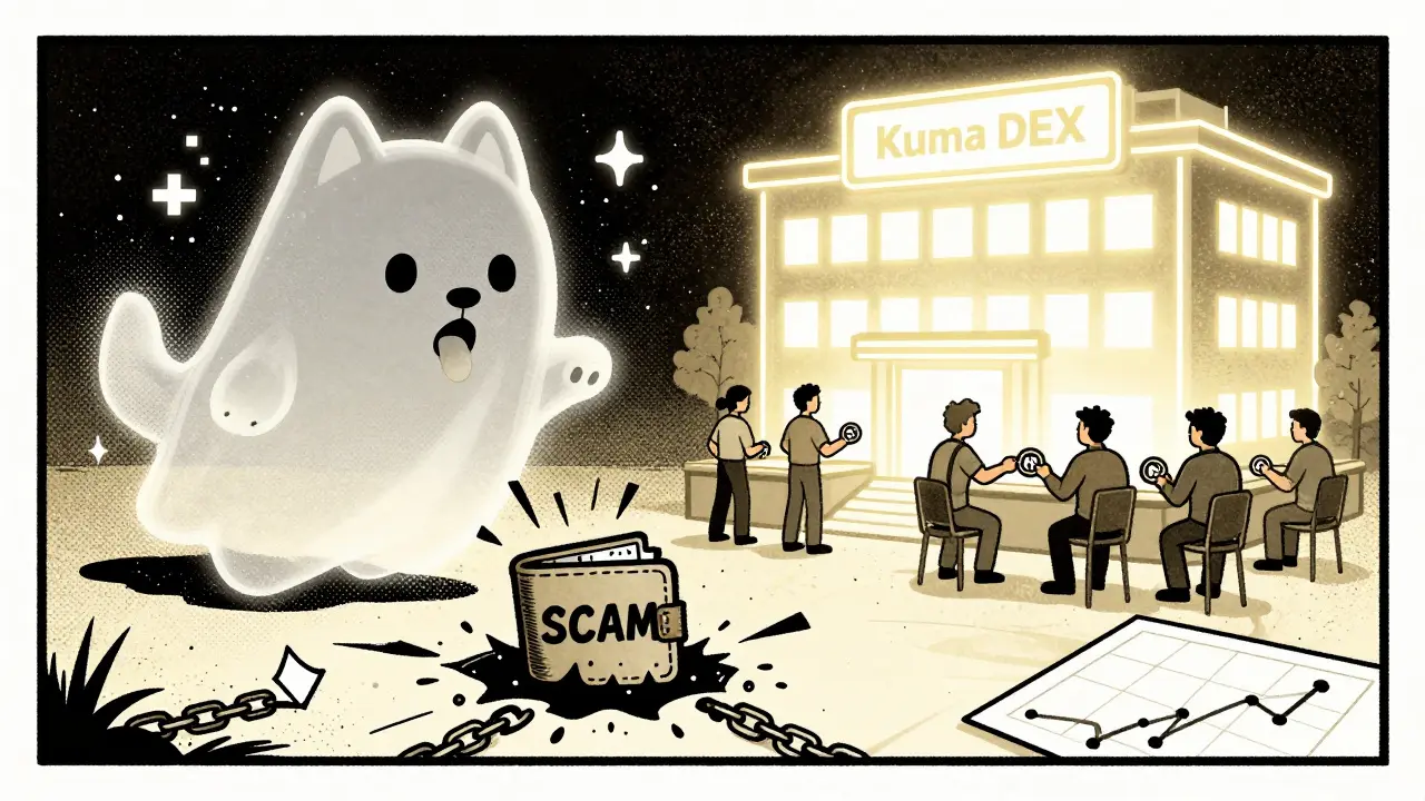 Ghostly Kuma Inu dog dissolving into pixels while a real Kuma DEX building glows with active token flow.