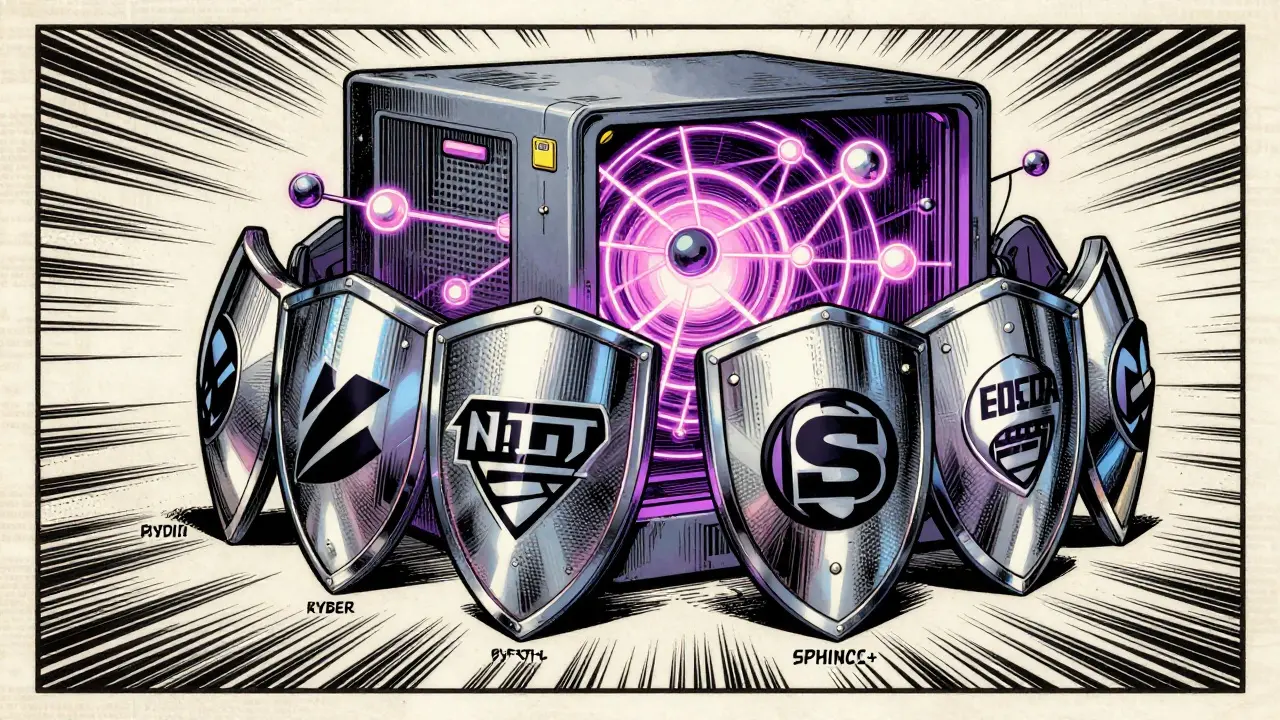 Giant quantum computer crushing old encryption shields as new post-quantum algorithms rise like heroes.