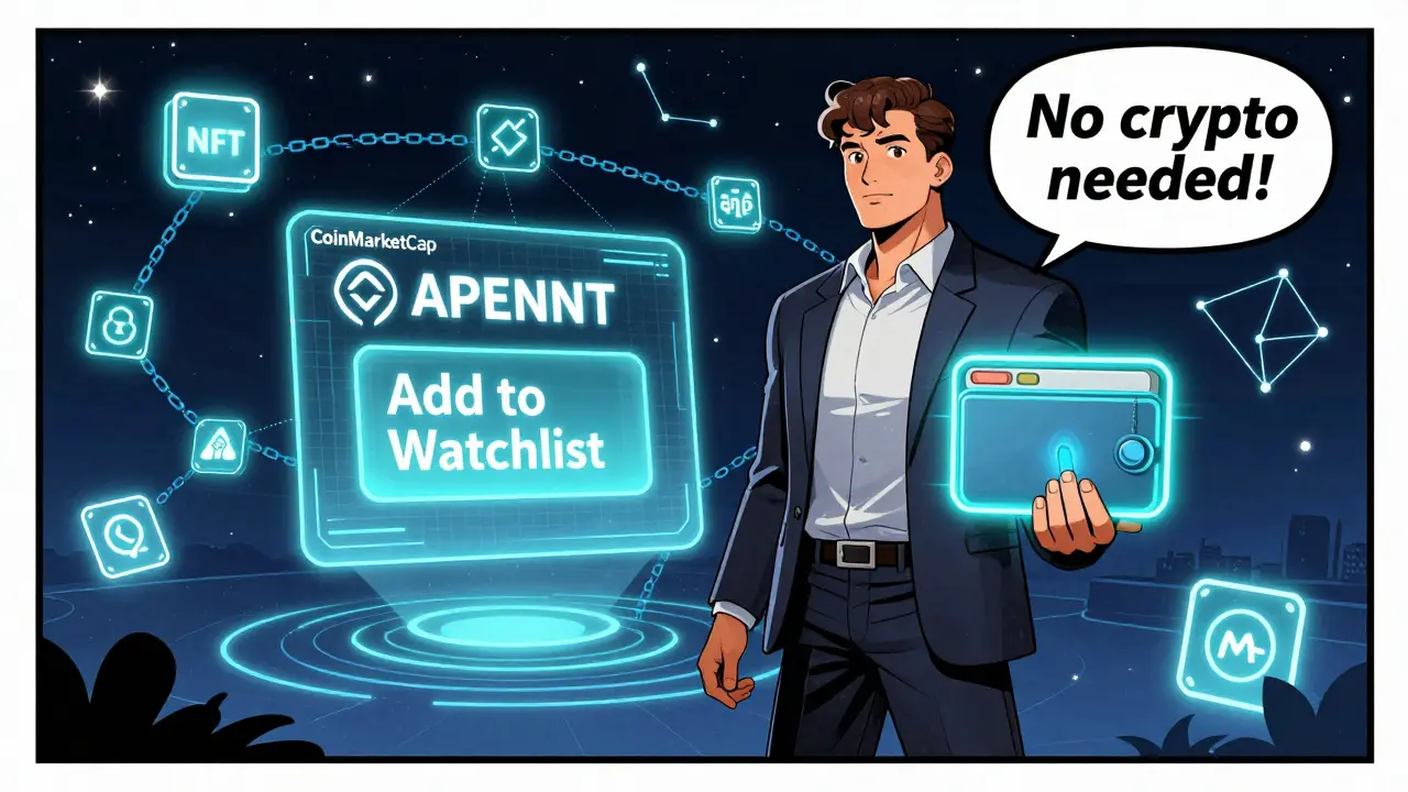 Hero holding APENFT token while clicking CoinMarketCap watchlist, surrounded by decentralized NFTs and BTFS nodes.