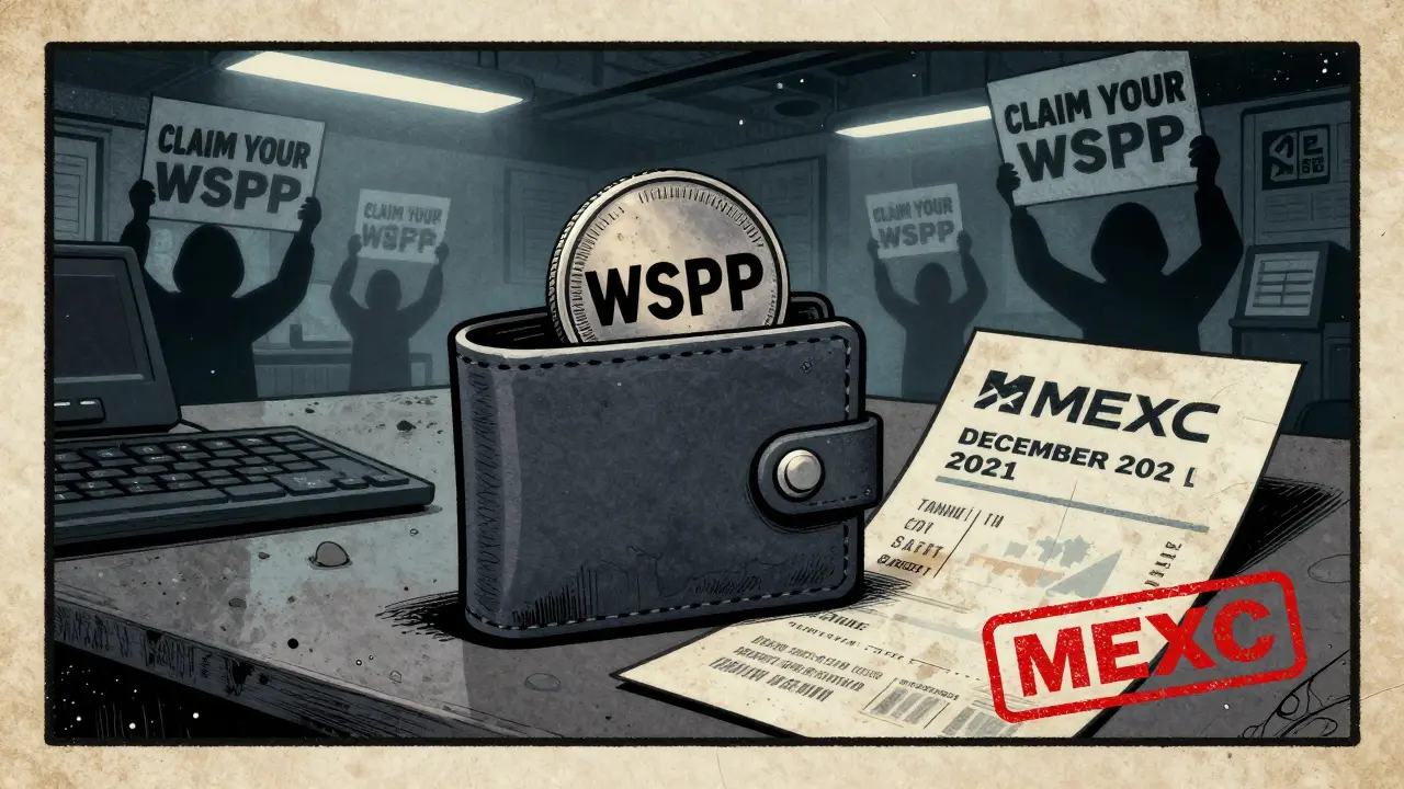 Old comic-style scene of a WSPP token on a desk beside a 2021 MEXC receipt, with shadowy scam figures in background.