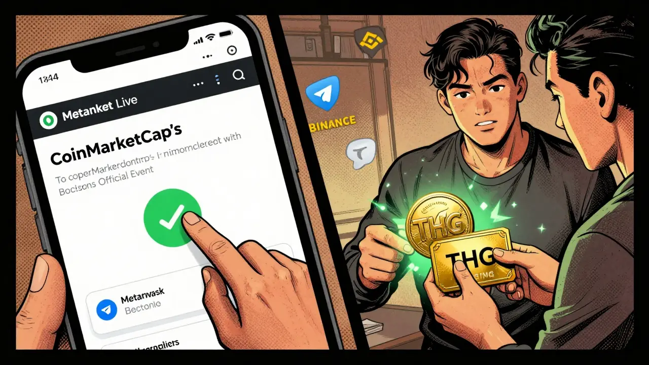 Player connecting wallet to CoinMarketCap's official THG airdrop page with confirmation animation.