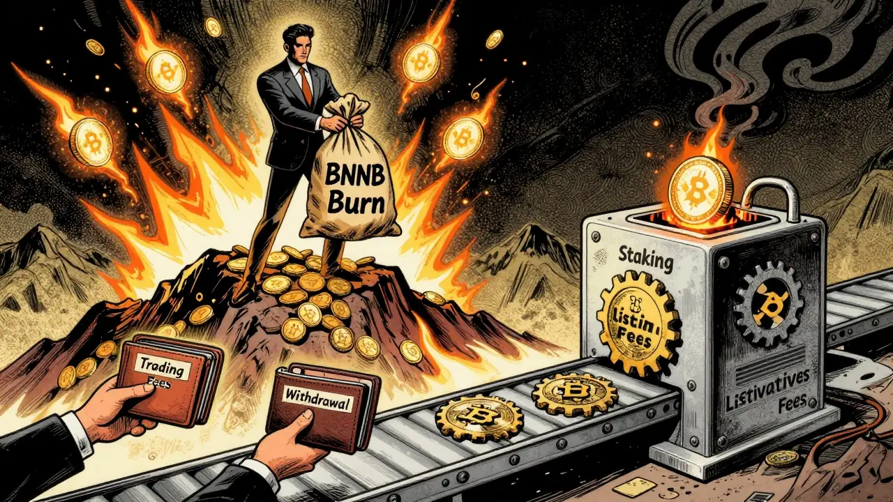 Shadowy executive burning Binance Coin tokens while users feed fees into a profit machine.