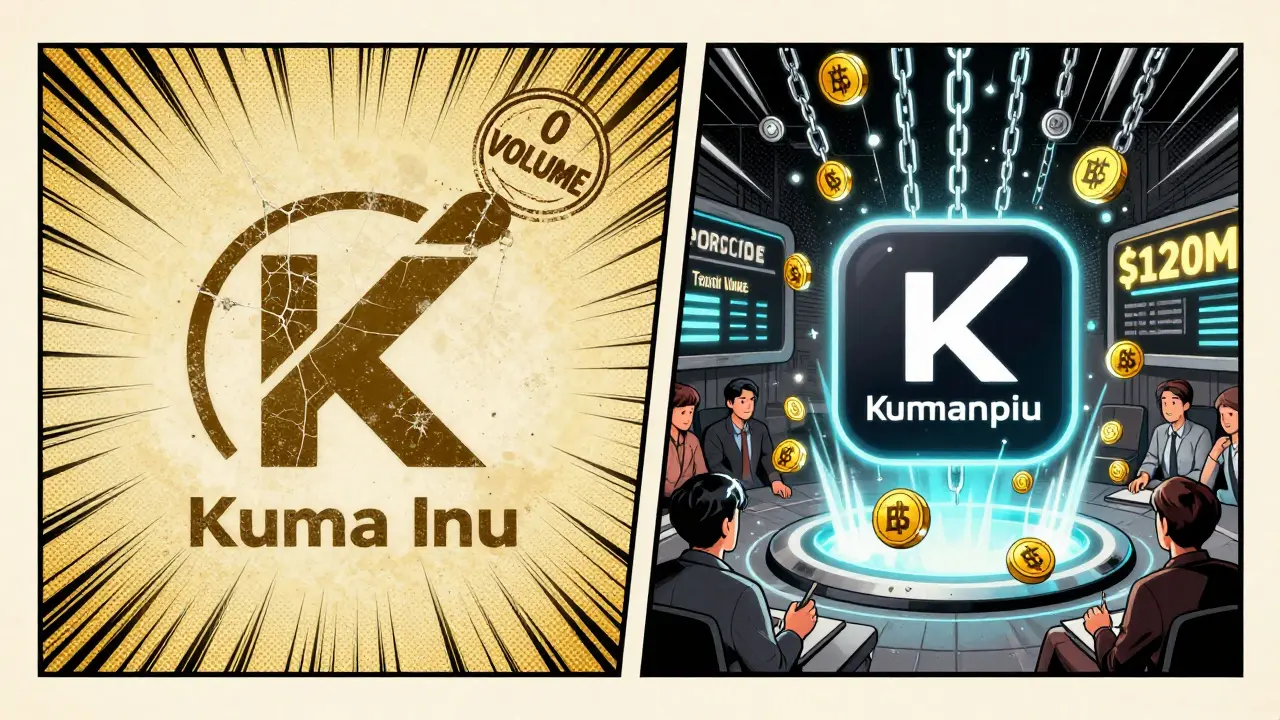 Side-by-side comparison of dead Kuma Inu token and active Kuma exchange with BGT rewards.