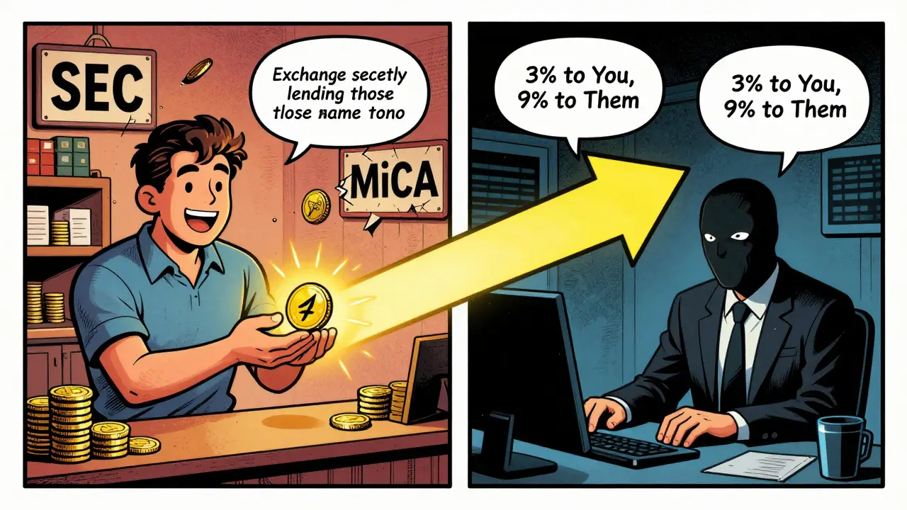 Split panel showing user staking crypto vs exchange secretly lending it for profit with a giant spread arrow.