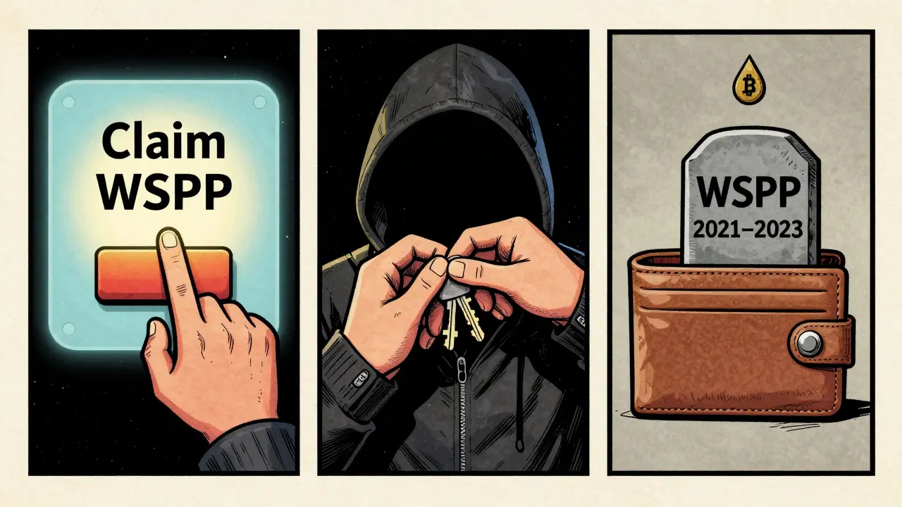 Three-panel comic showing a claim attempt, a theft, and an empty wallet with a tombstone marking WSPP's end.