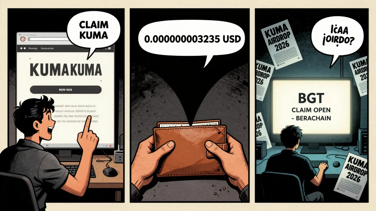 Three-panel comic showing a user losing funds to a scam, then realizing a legitimate airdrop is nearby.