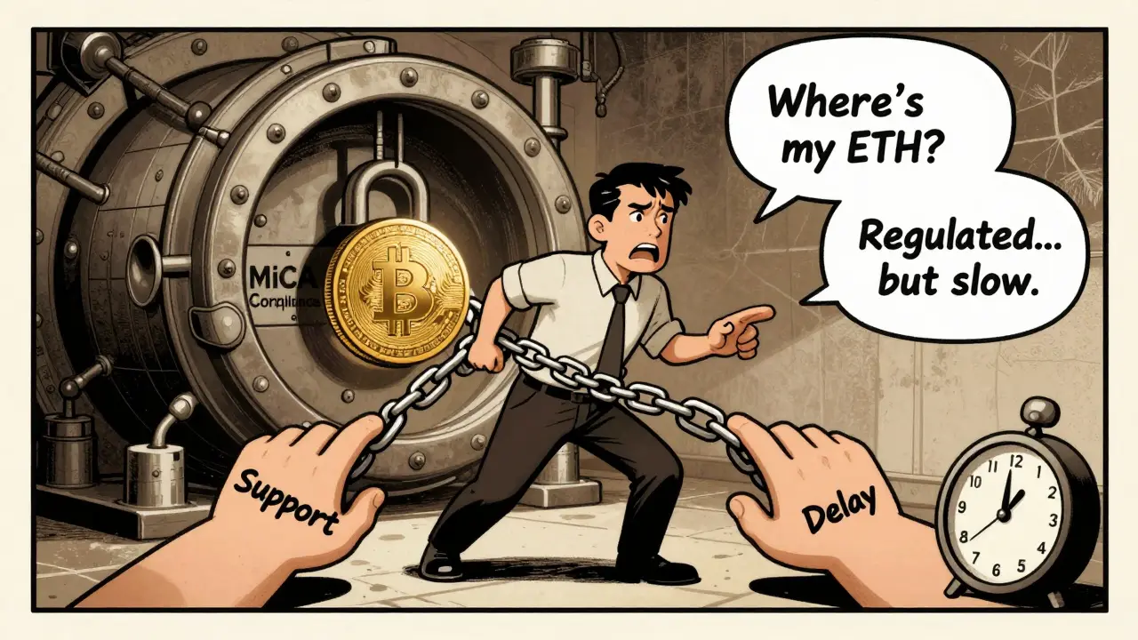 Trader struggling with a locked crypto withdrawal as support and delay hands pull on a chain