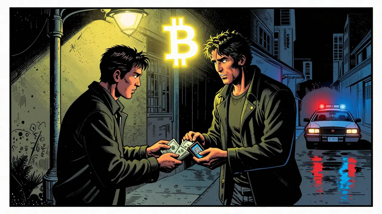 Two people exchange cash and a crypto QR code under a streetlamp in a shadowy Colombian alley.