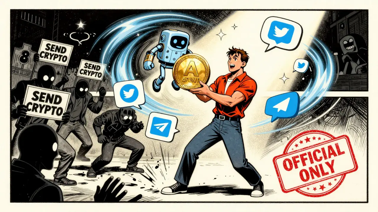 Winner receives giant APENFT token from mascot as scammer figures are crushed under official links stamp.