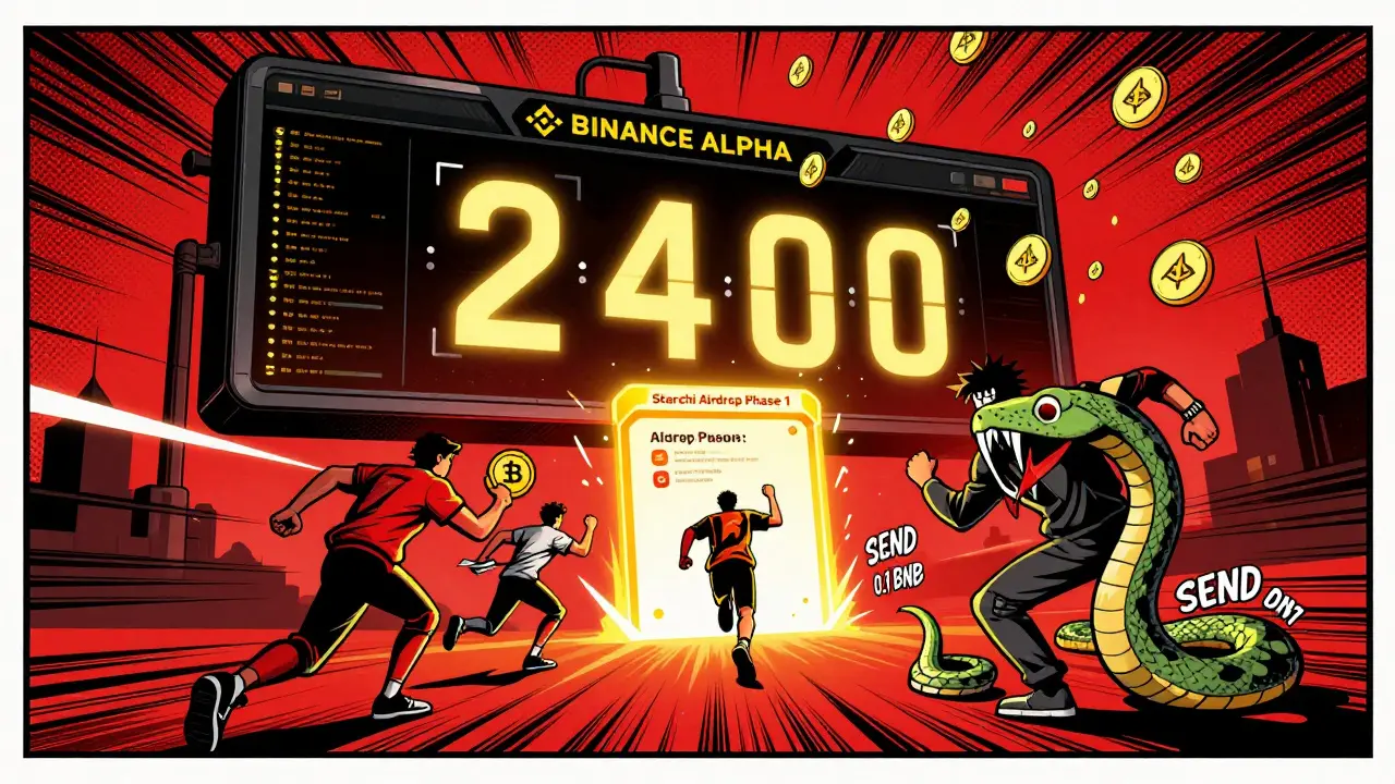 A countdown clock above a Binance Alpha dashboard as players race toward an airdrop portal while avoiding phishing scams.