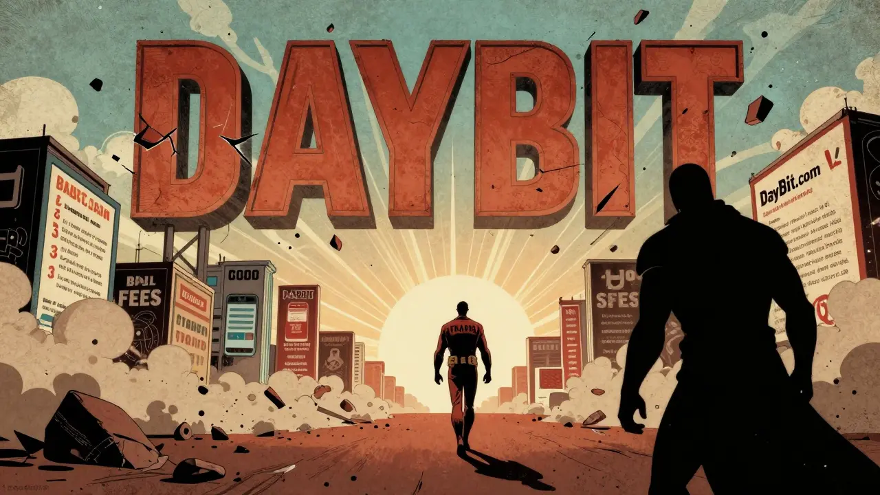 A crumbling Daybit sign as a trader walks away toward modern exchanges, dodging fake review scams.