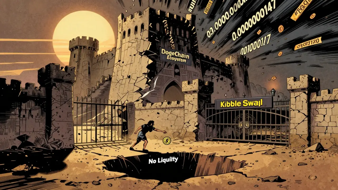 A crumbling DogeChain fortress with KibbleSwap's lantern-like logo, as tokens vanish into a void, in vintage comic style.