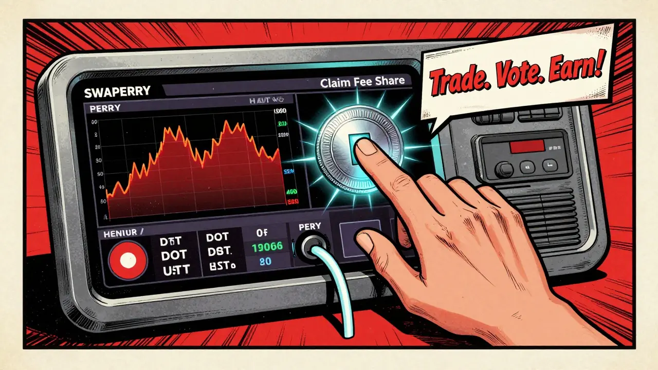 A dashboard displays real-time market heatmaps as a user claims fee shares, with loyalty rewards banner visible.