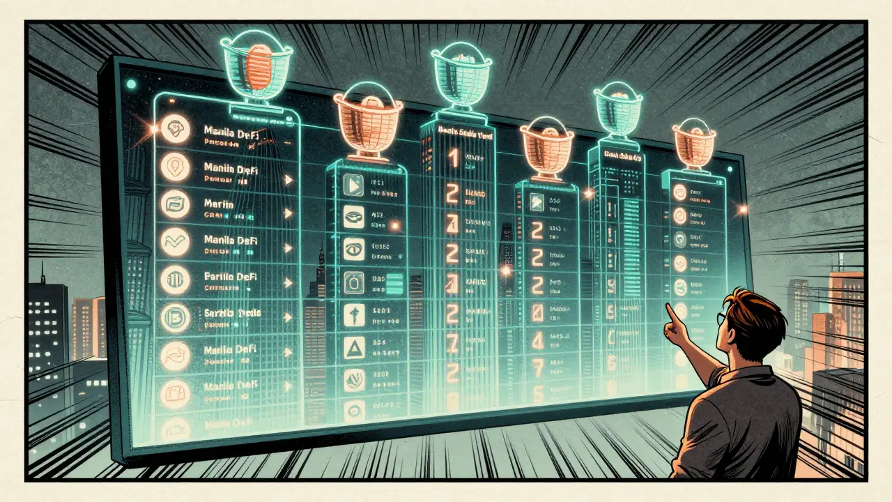 A digital leaderboard of tokenized investment baskets rising like skyscrapers in a neon city, with an investor pointing in awe.