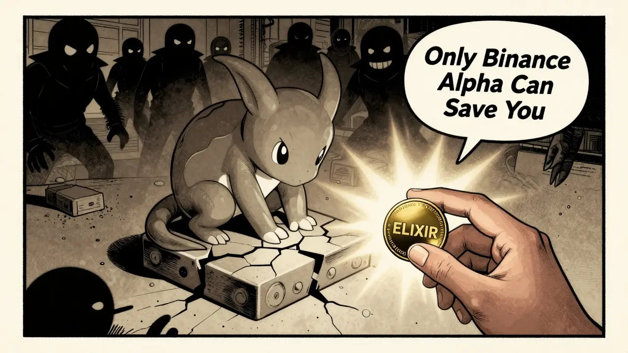 A fading Starchi creature beside a cracked blockchain node, with a hand offering an ELIXIR token and a warning message.