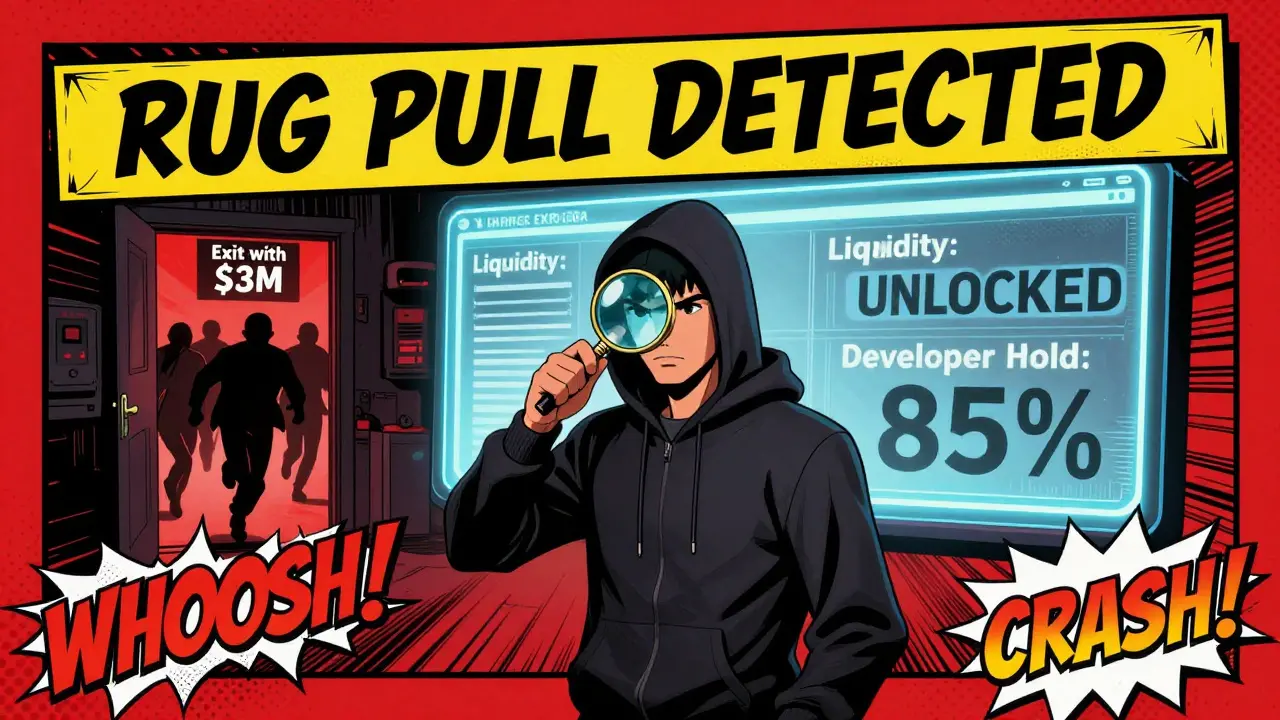 A hero detects a rug pull as developers flee with millions, shown on a blockchain explorer panel.