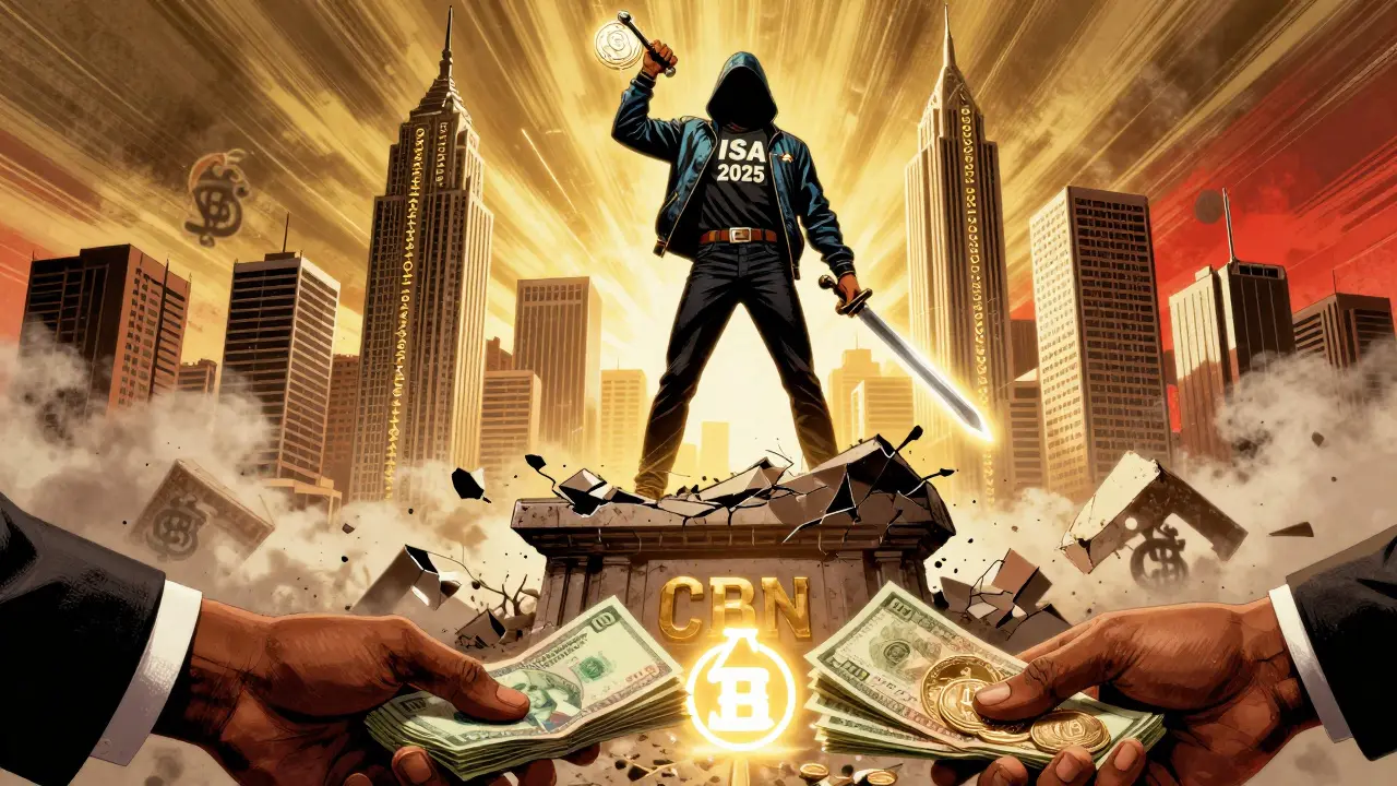 A heroic figure wielding a SEC license defeats a ban monument, symbolizing legal crypto progress in Nigeria.