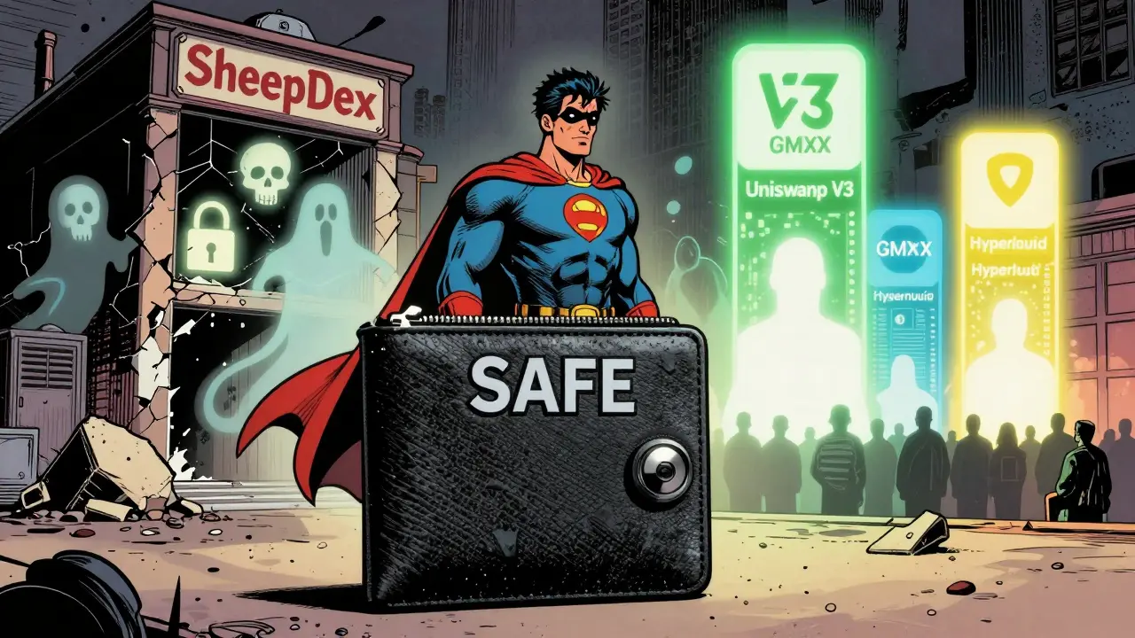 A heroic wallet stands before a crumbling SheepDex building as ghostly scam symbols fade, while trusted DEXs glow in the distance.