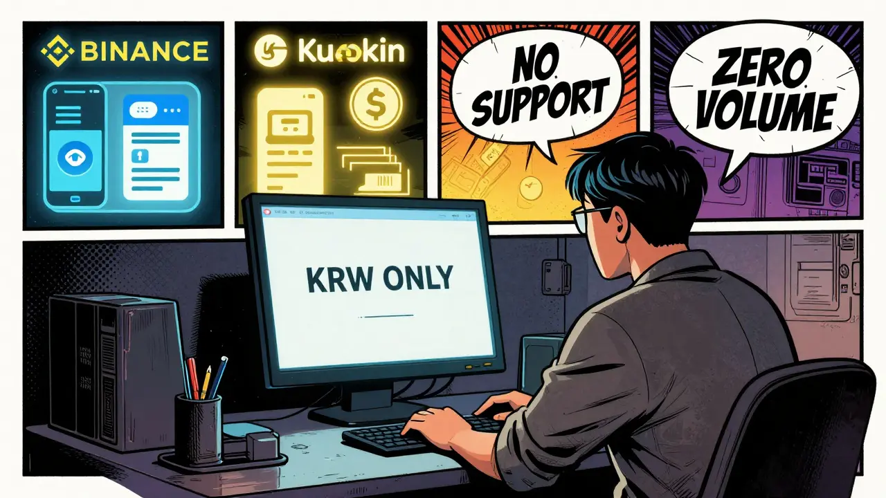 A Korean trader facing a 'KRW ONLY' screen while better exchanges glow in the background.