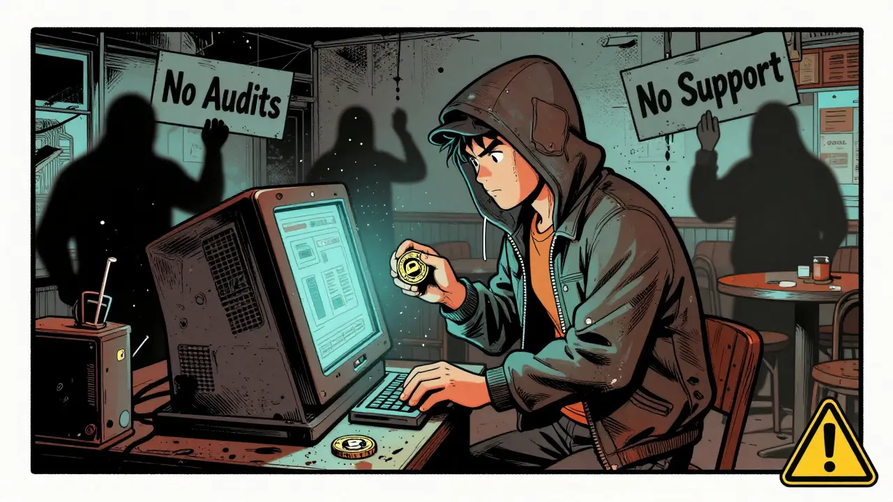 A lone trader at a flickering terminal with warning signs nearby, rendered in retro comic book art.