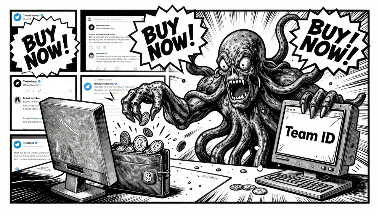 A monstrous smart contract drains coins from an investor while smashing audit and team ID signs.