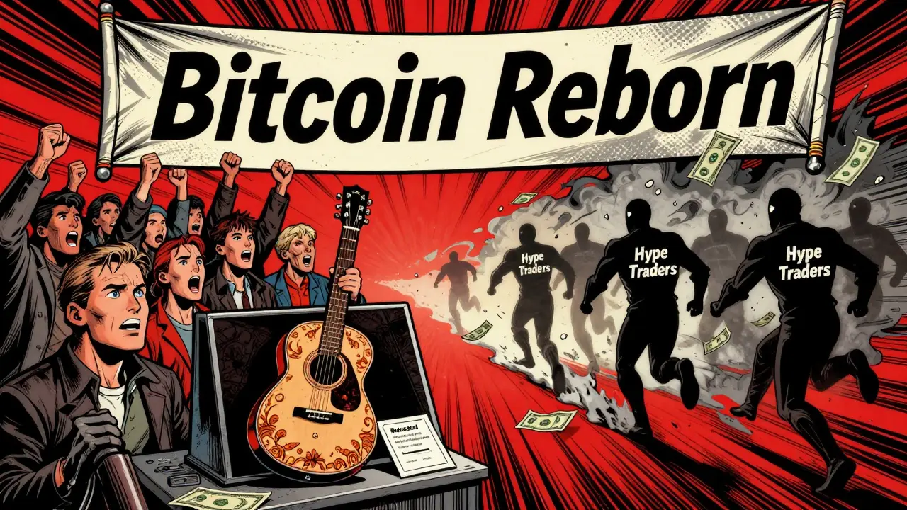 A small business launches a token-funded product as hype traders flee in a dramatic Bitcoin rebirth scene.