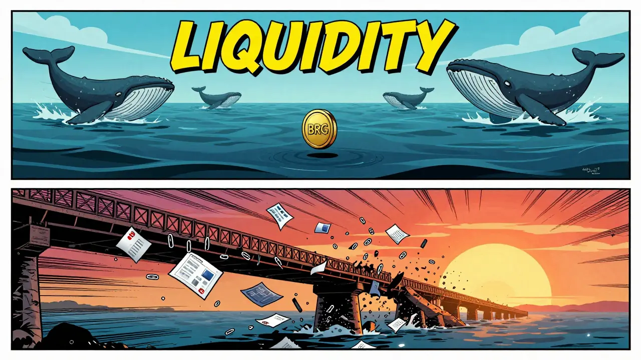 A tiny BRG token floats alone in a vast ocean of low liquidity, dwarfed by giant competing crypto whales.