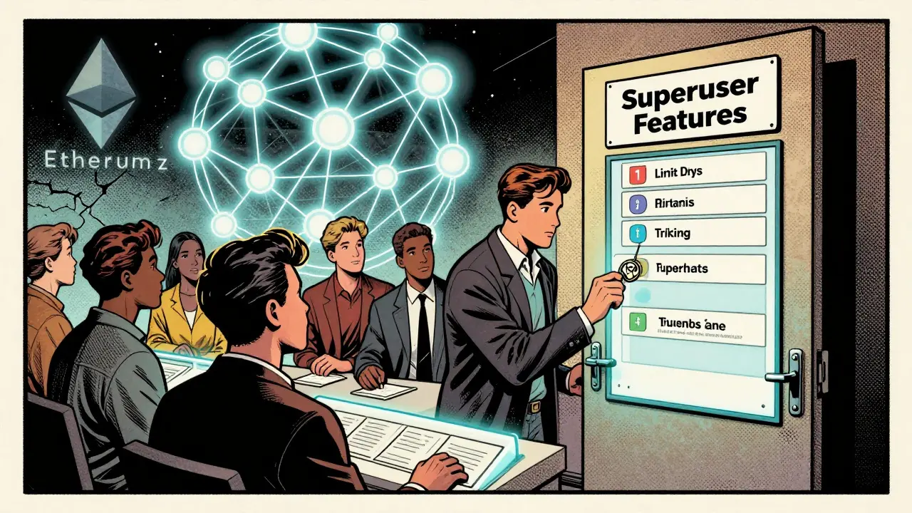 A trader uses a PERRY token to unlock advanced trading features on a futuristic console, while Polkadot chains glow behind them.