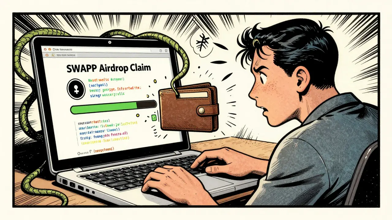 A user shocked as phishing code drains their wallet, shown in gritty vintage comic art.