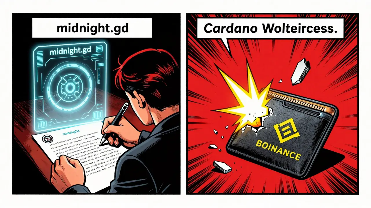 A user signs a digital message to claim tokens while a discarded exchange wallet crumbles beside them.