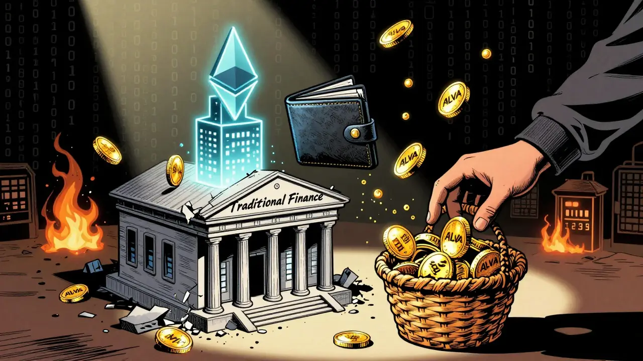 A wallet reaching out to deploy a new crypto basket as a blockchain tower rises behind a crumbling bank building, ALVA tokens raining down.
