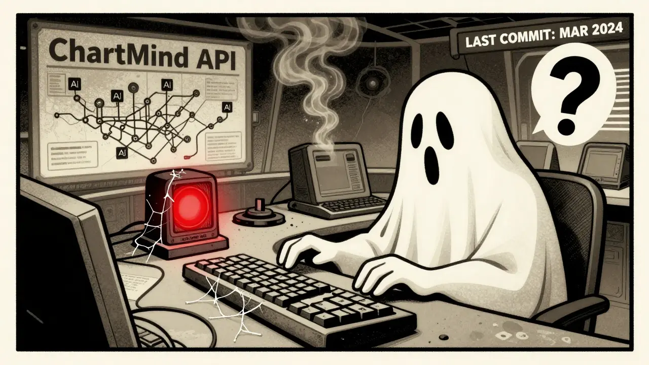 An abandoned AI dashboard with cobwebs, a frozen commit date, and dissolving AI icons under dim red light.