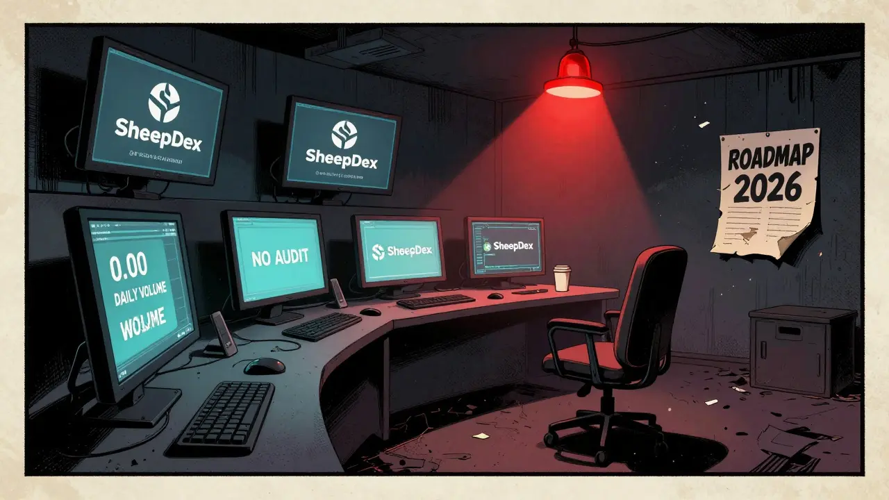 An abandoned Web3 control room with flickering 'SheepDex' monitors and an empty chair, bathed in red emergency light.