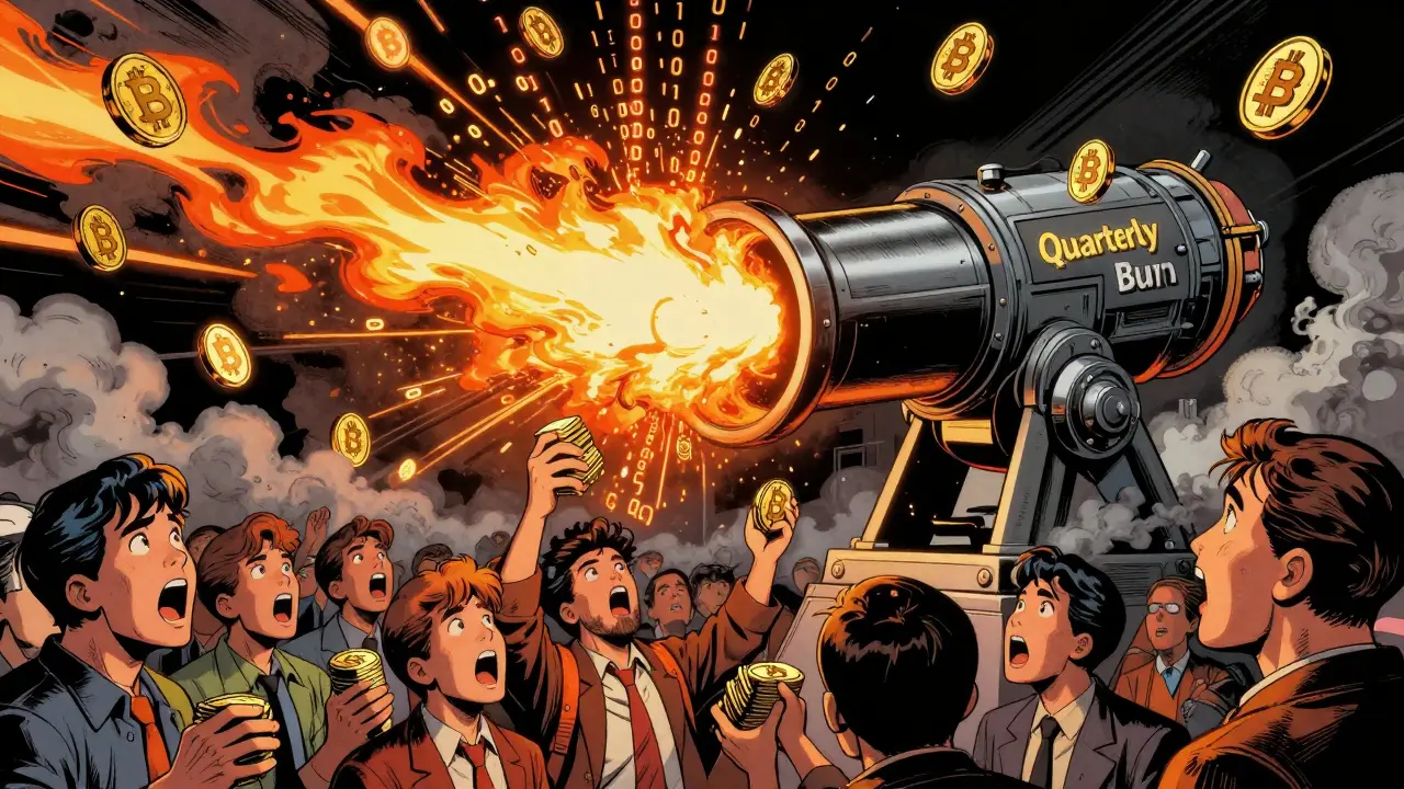 Binance executives feeding BNB tokens into a mechanical burn cannon as traders watch.
