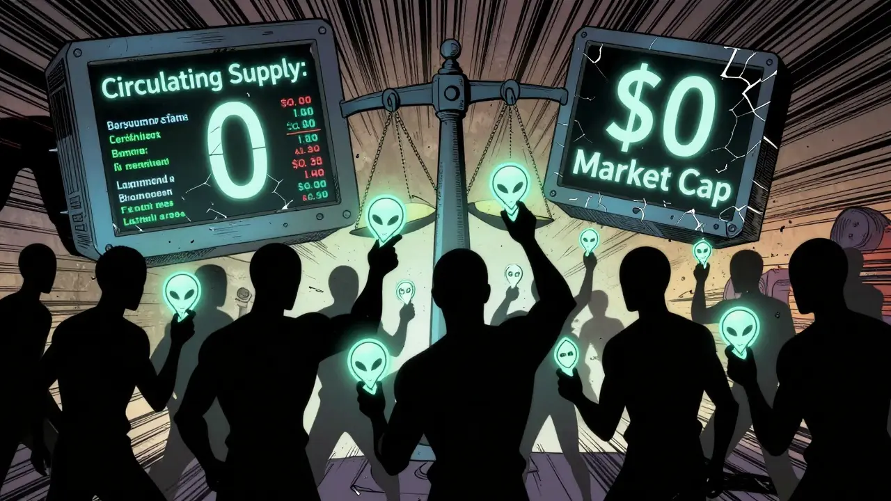 Crowd trading alien tokens as conflicting price data and zero supply signs flash in chaotic neon glow.