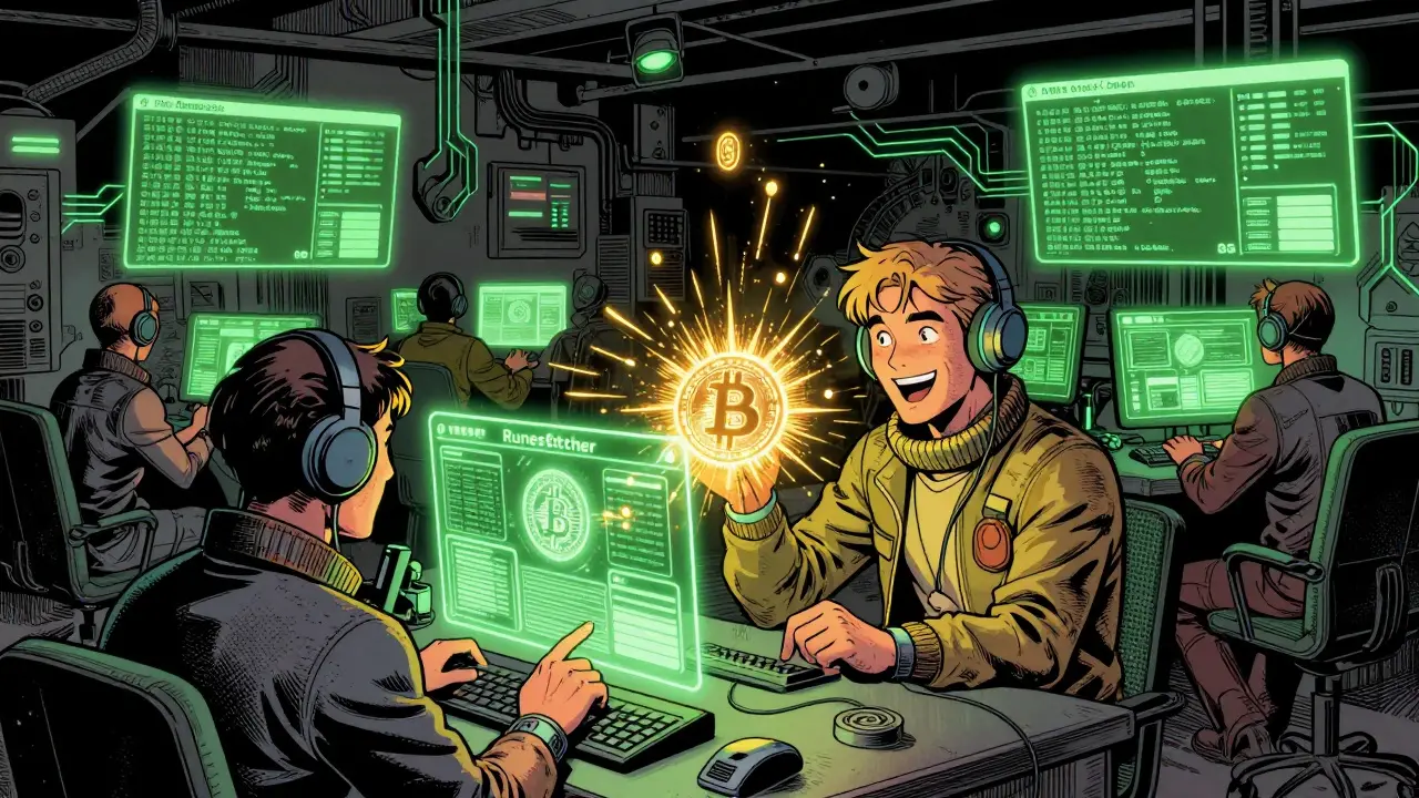 Developers create Bitcoin tokens using holographic interfaces in a neon-lit underground lab.