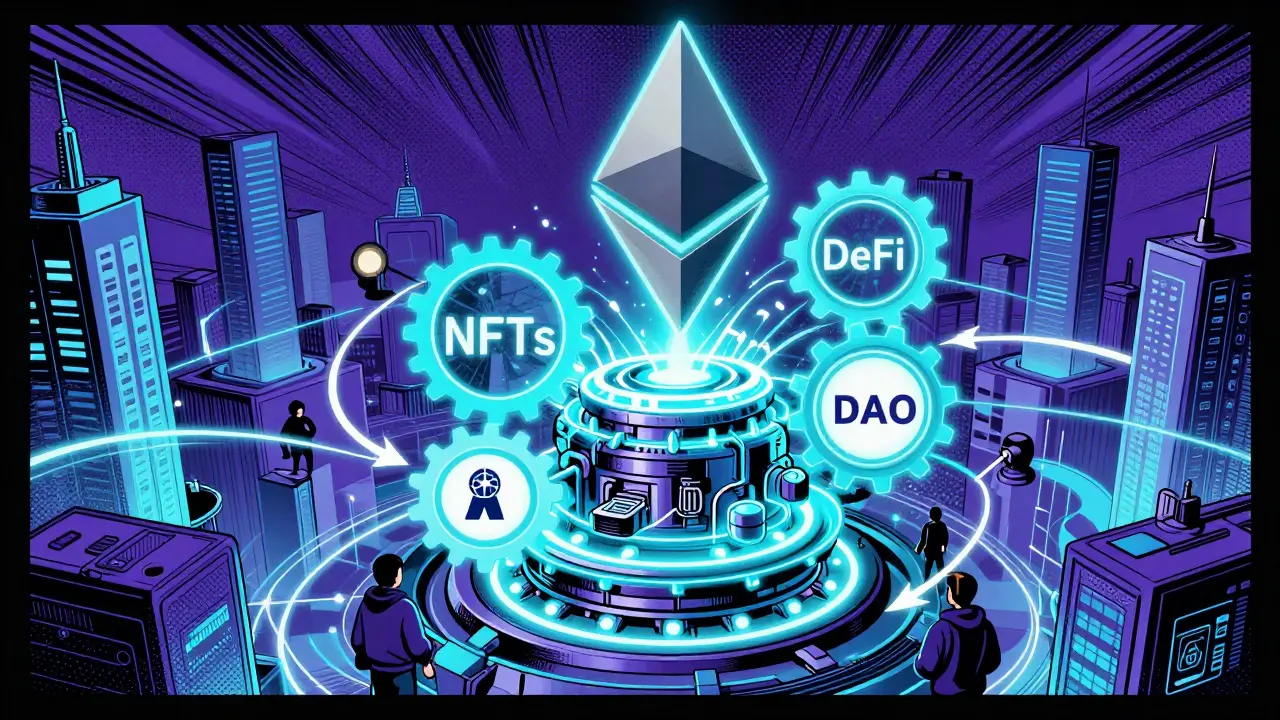 Ethereum as a glowing digital engine powering DeFi, NFTs, and DAO networks.
