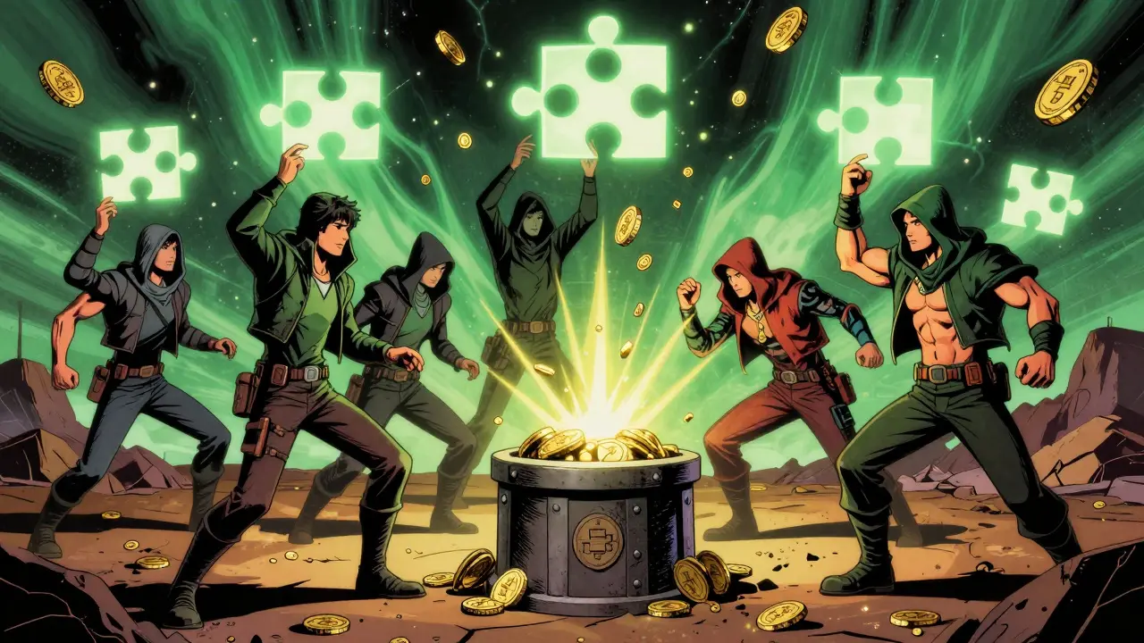 Hackers solve glowing math puzzles in a dark landscape, releasing NIGHT tokens into a vault as unclaimed coins hover above.