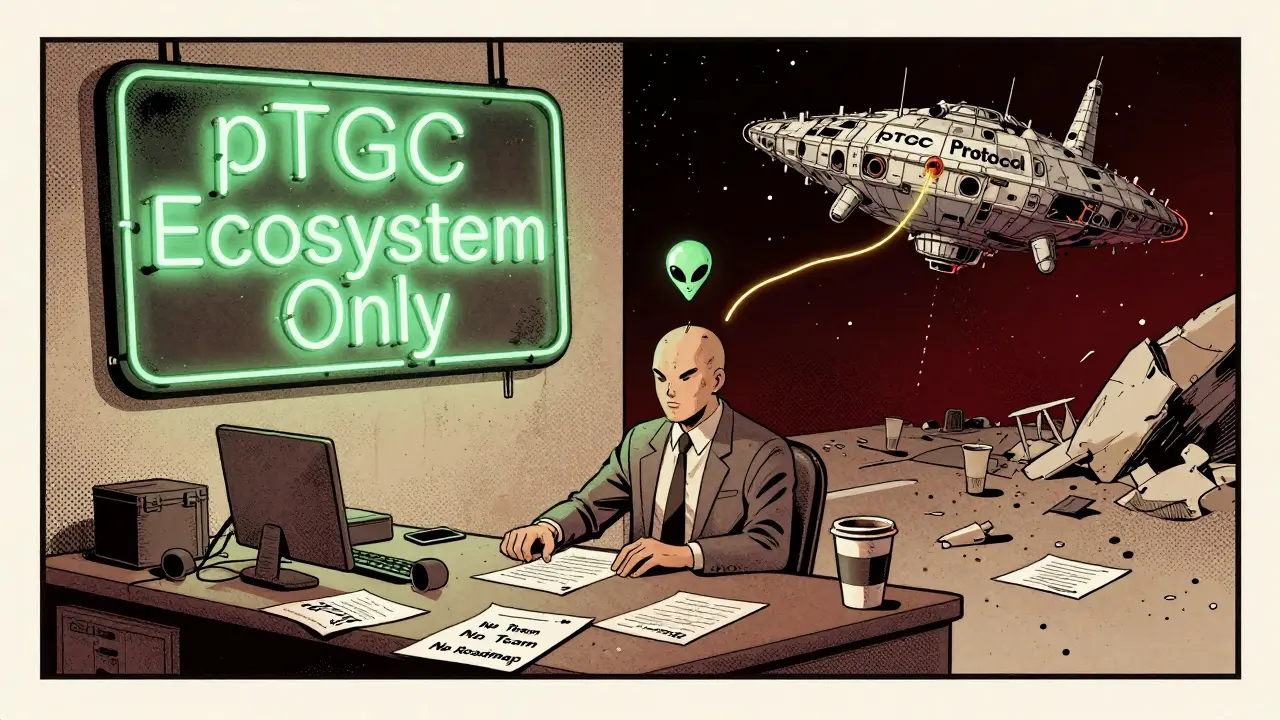Investor surrounded by warnings as a lone alien token fades into a crumbling pTGC space station.