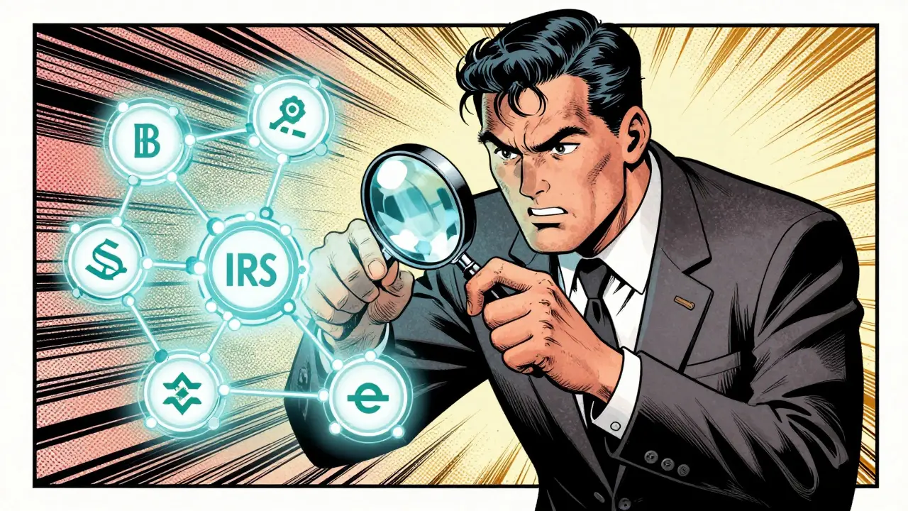 IRS agent examining blockchain network diagram with magnifying glass.